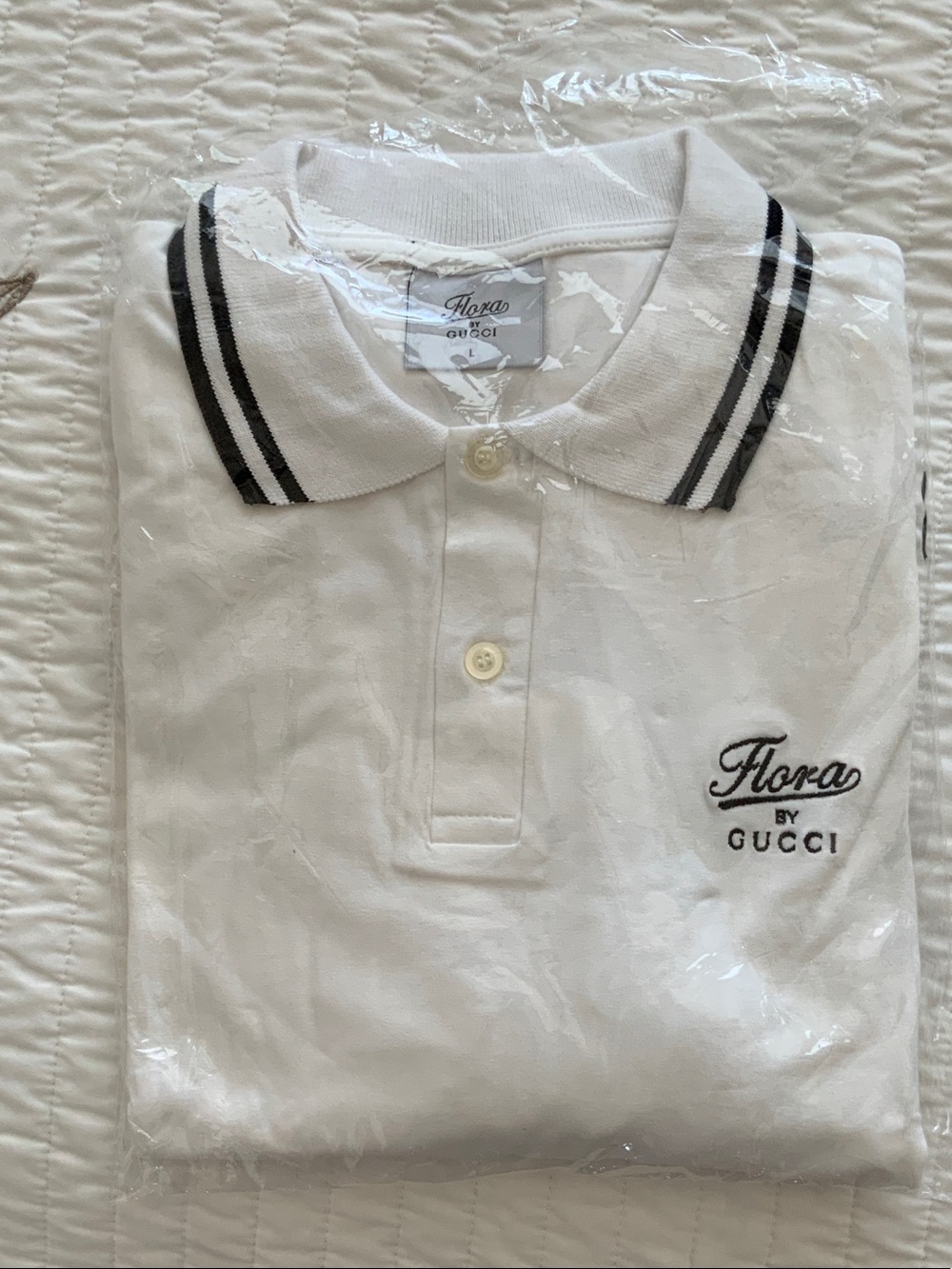 Men’s Gucci White Long Sleeve Polo Black Stripe Collar. Large Promotional Item